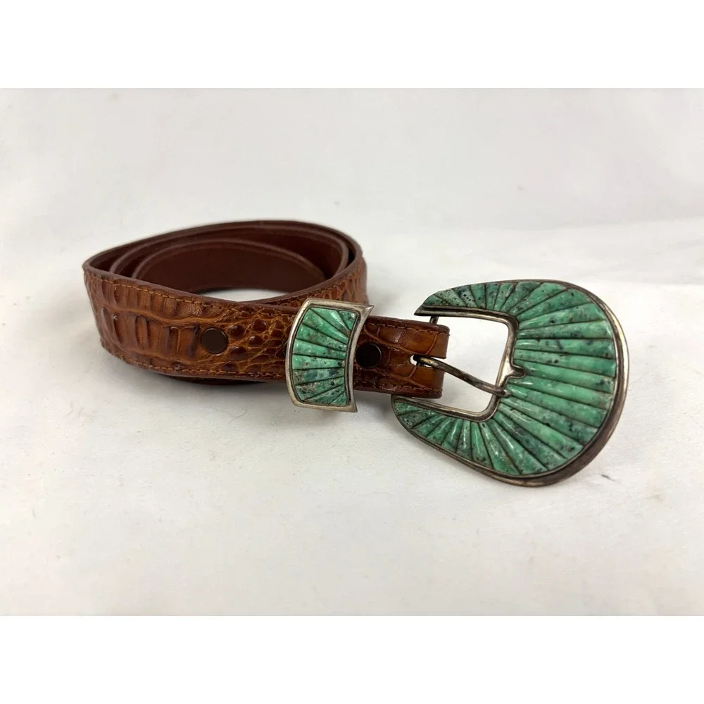Vintage Alligator Belt Sterling Turquoise Inlay‎ Signed Buckle Set 28 Rare